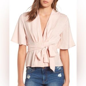 ASTR The Label Floral Jacquard Peplum Top S Tie Deep V Neck Soft Pink Coquette